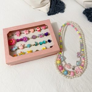Colorful Beaded Necklace and Ring Set for Kids